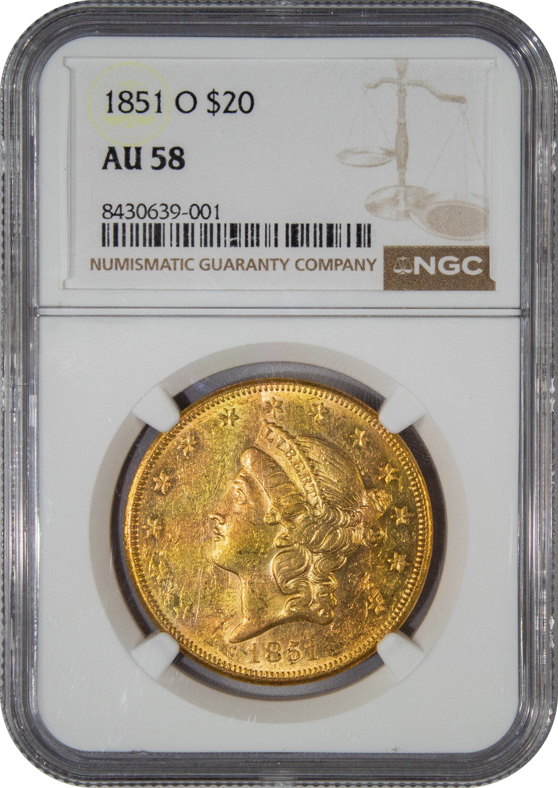 1851-O Liberty Head Double Eagle $20 AU58 NGC Holder