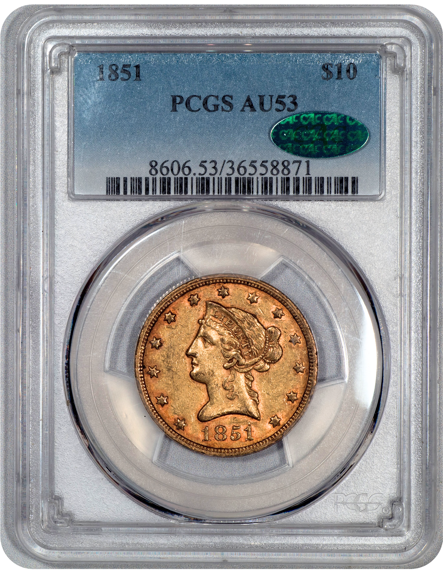 1851 $10 Liberty Head eagle AU53 PCGS CAC HOLDER WITH GREEN CAC STICKER
