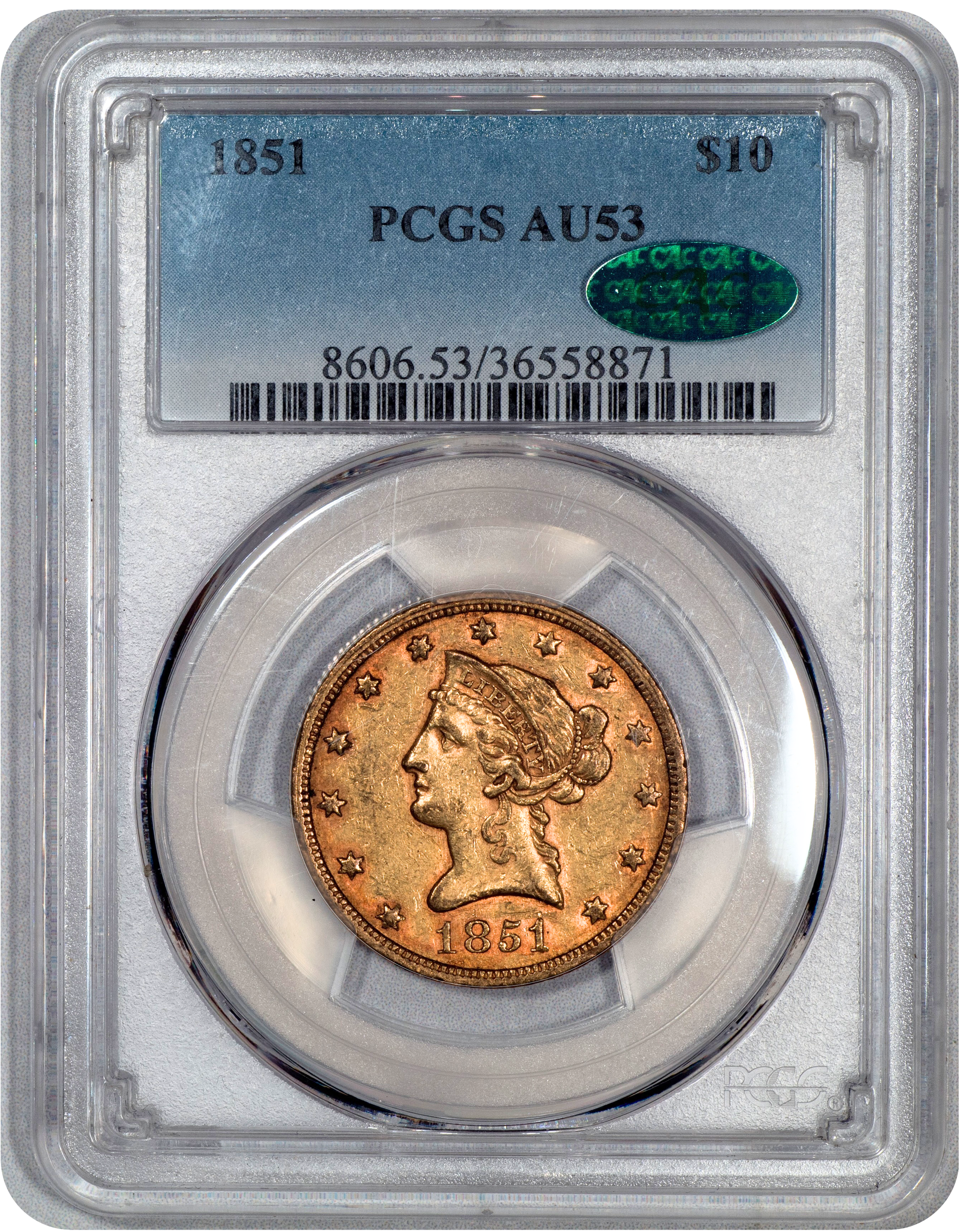1851 $10 Liberty Head eagle AU53 PCGS CAC HOLDER WITH GREEN CAC STICKER