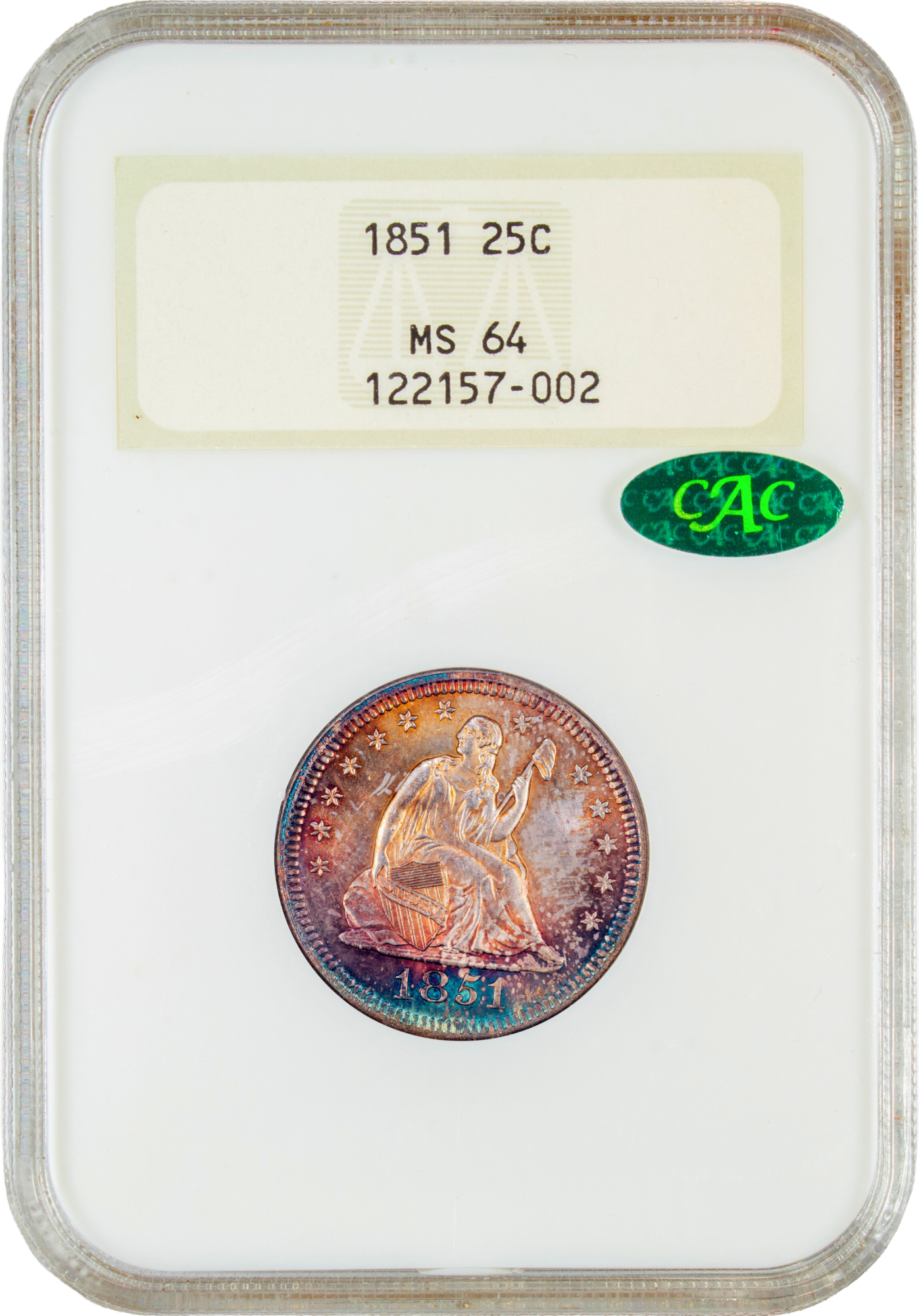 1851 25C MS64 OH NGC CAC HOLDER WITH GREEN CAC STICKER