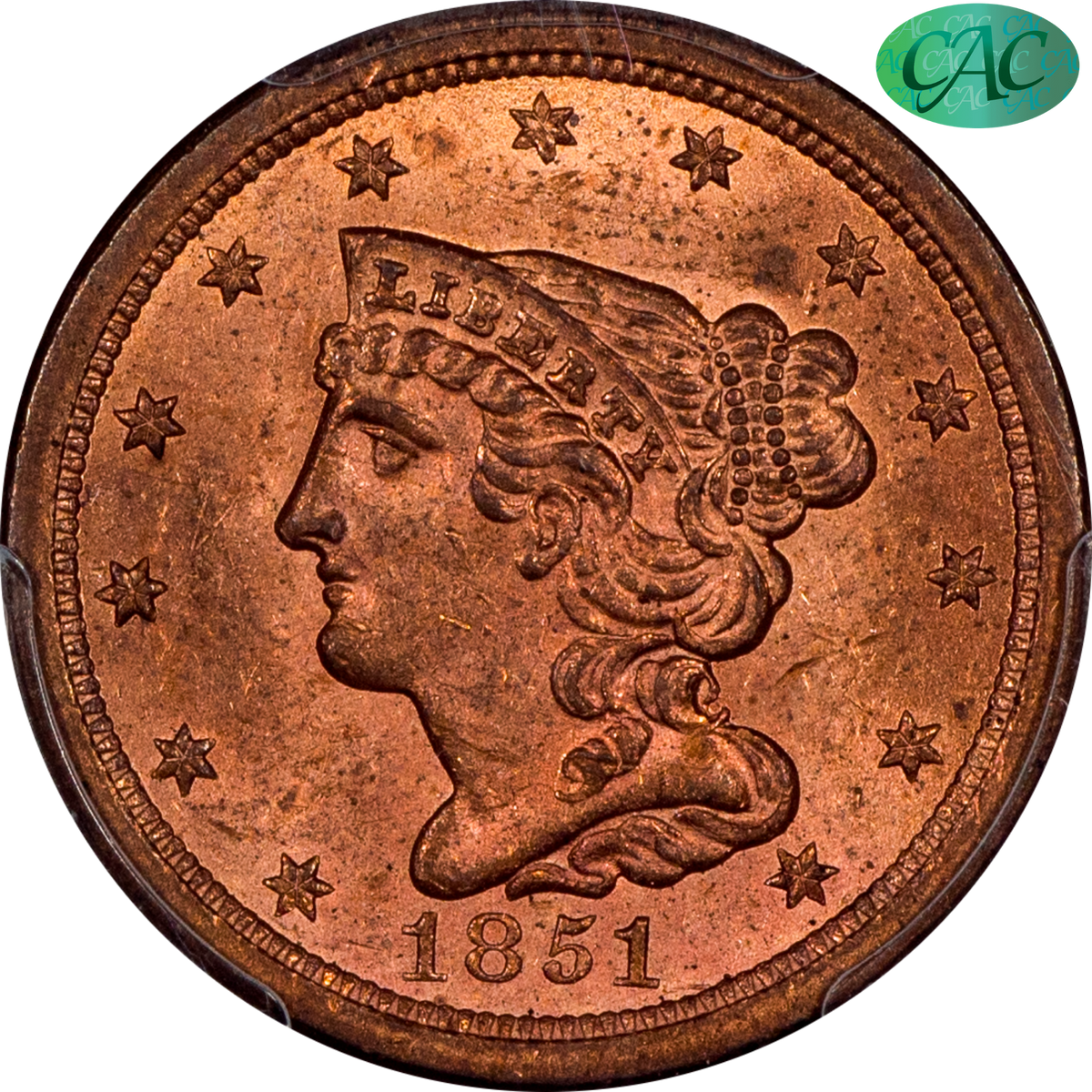 1851 Braided Hair Half Cent 1/2C MS63 RD PCGS CAC