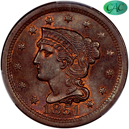 1851 Braided Hair Large Cent 1C MS66 BN CACG