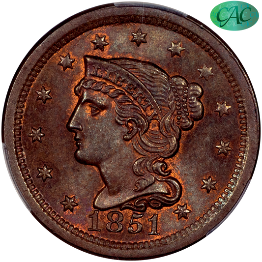 1851 Braided Hair Large Cent 1C MS66 BN CACG
