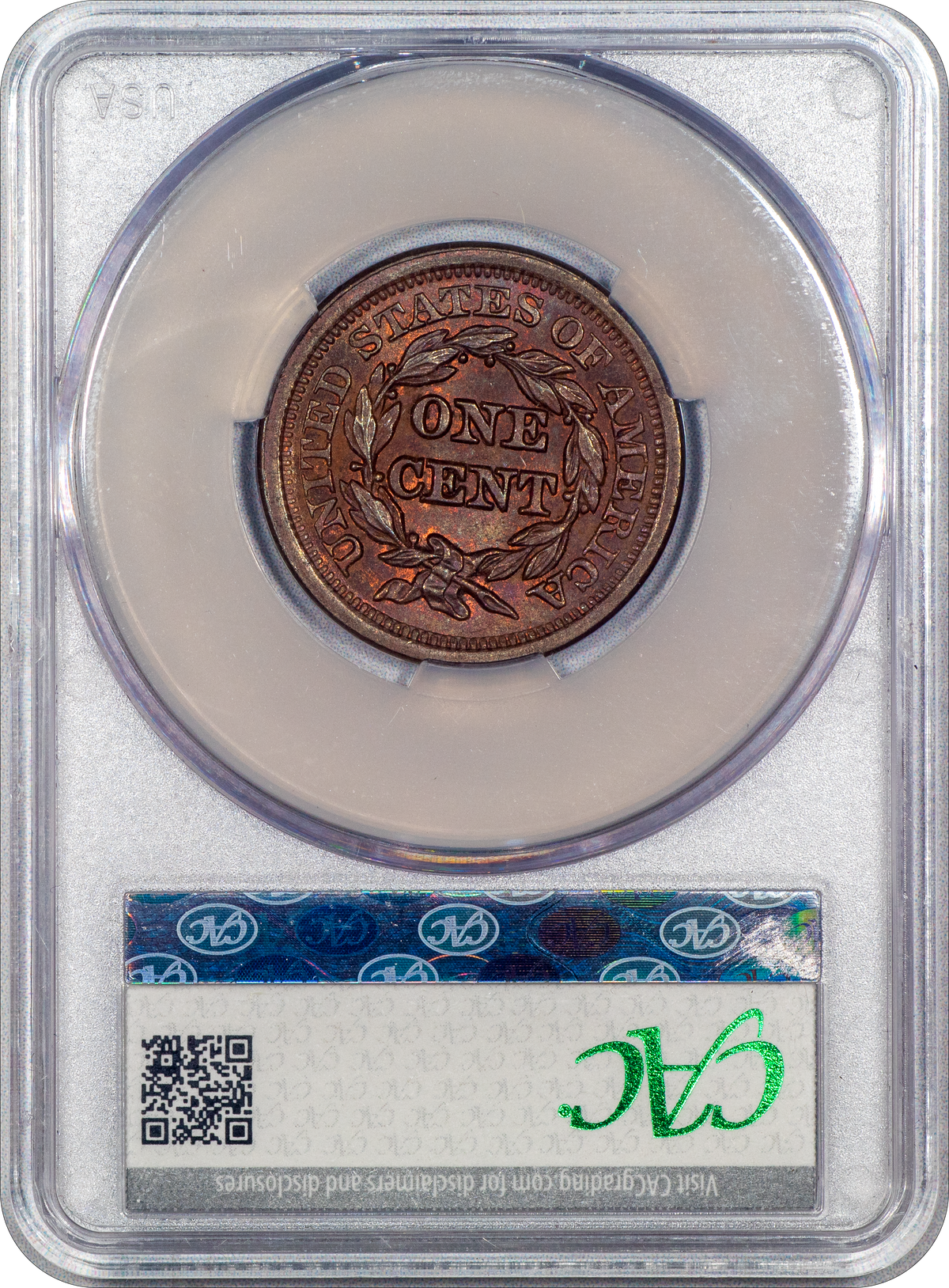 1851 Braided Hair Large Cent 1C MS66 BN CACG REVERSE HOLDER
