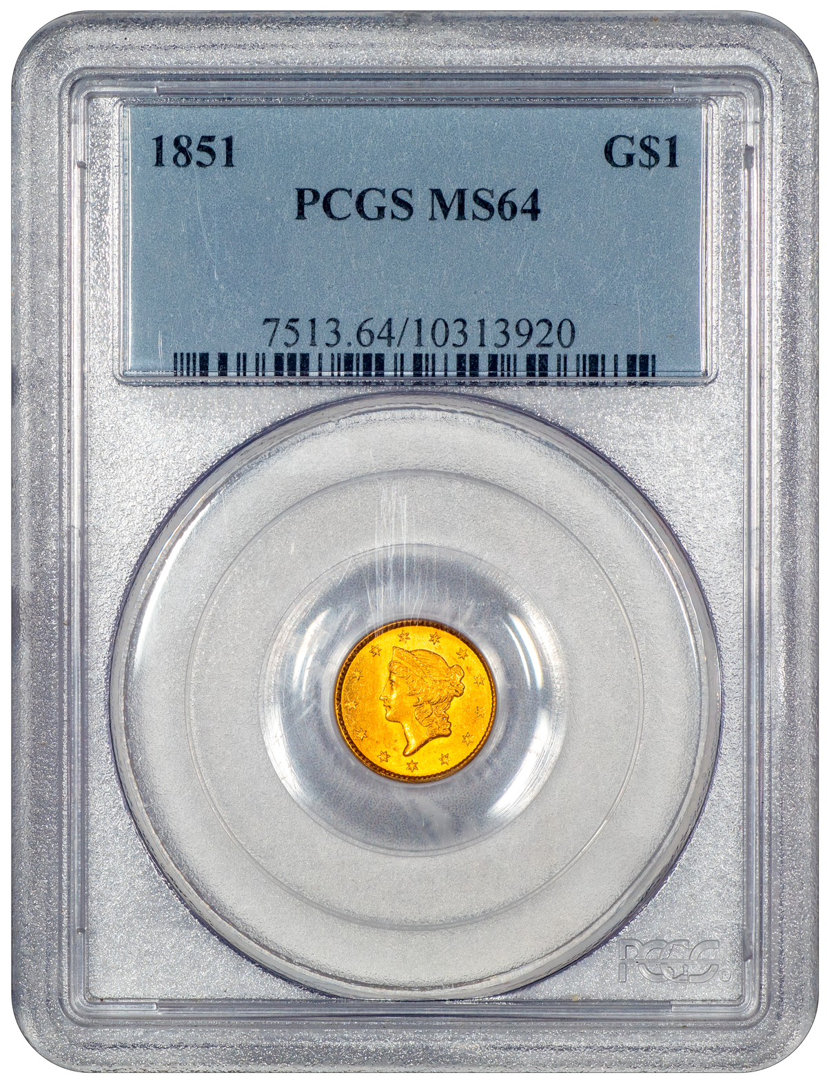 1851 Liberty Gold Dollar G$1 MS64 PCGS holder