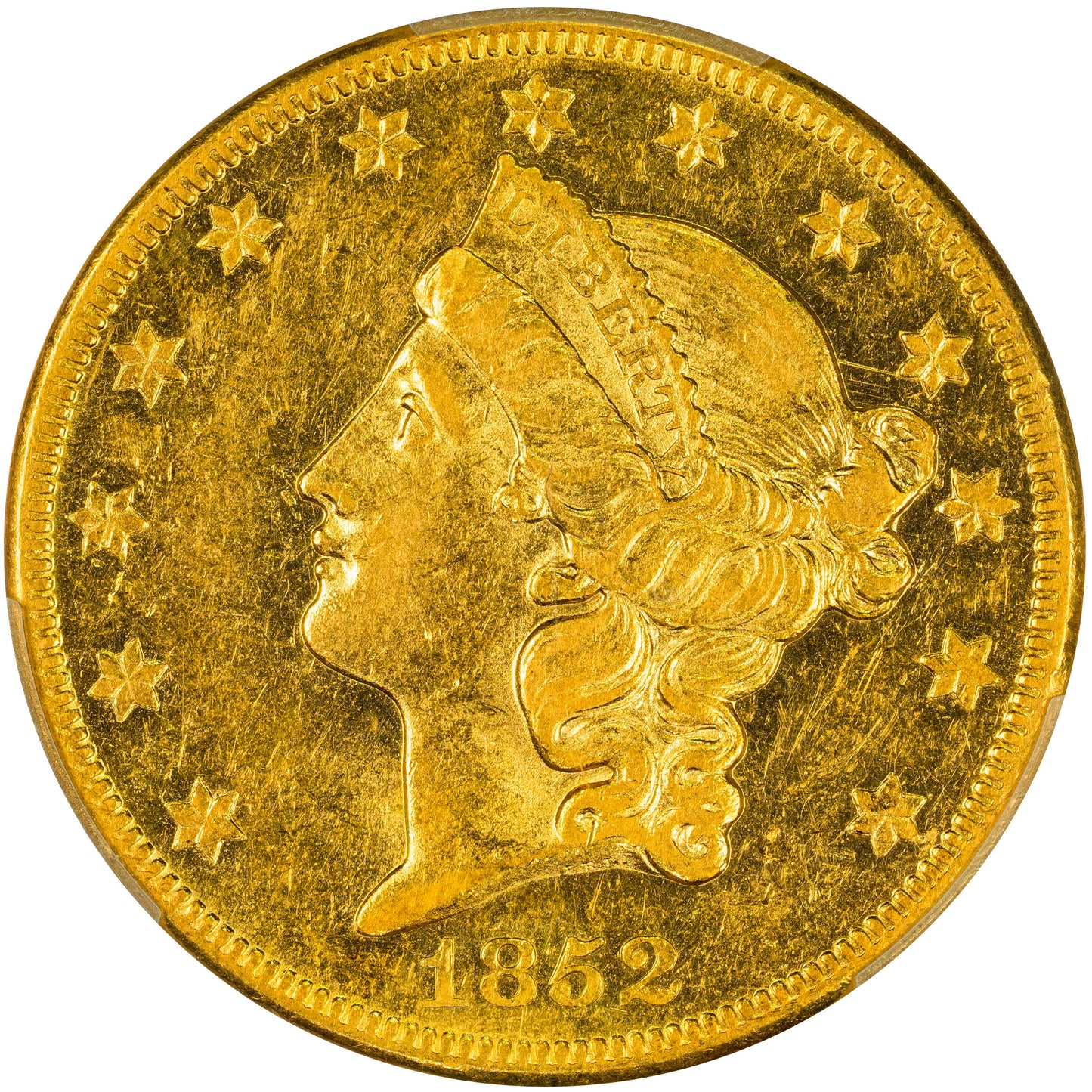 1852-O $20 AU55 PCGS CAC