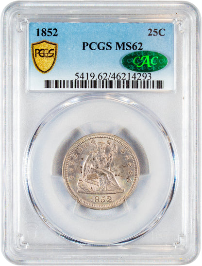 1852 25C MS62 PCGS CAC WITH CAC GREEN STICKER