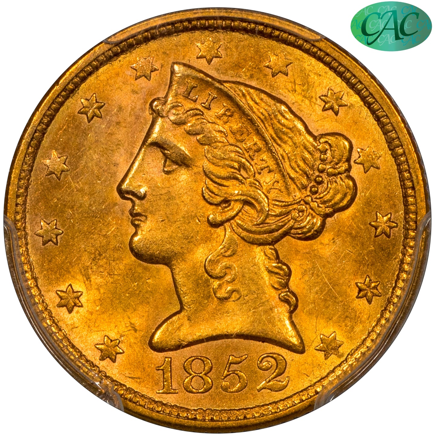 1852 $5 Liberty Head Half Eagle No Motto MS62+ PCGS CAC