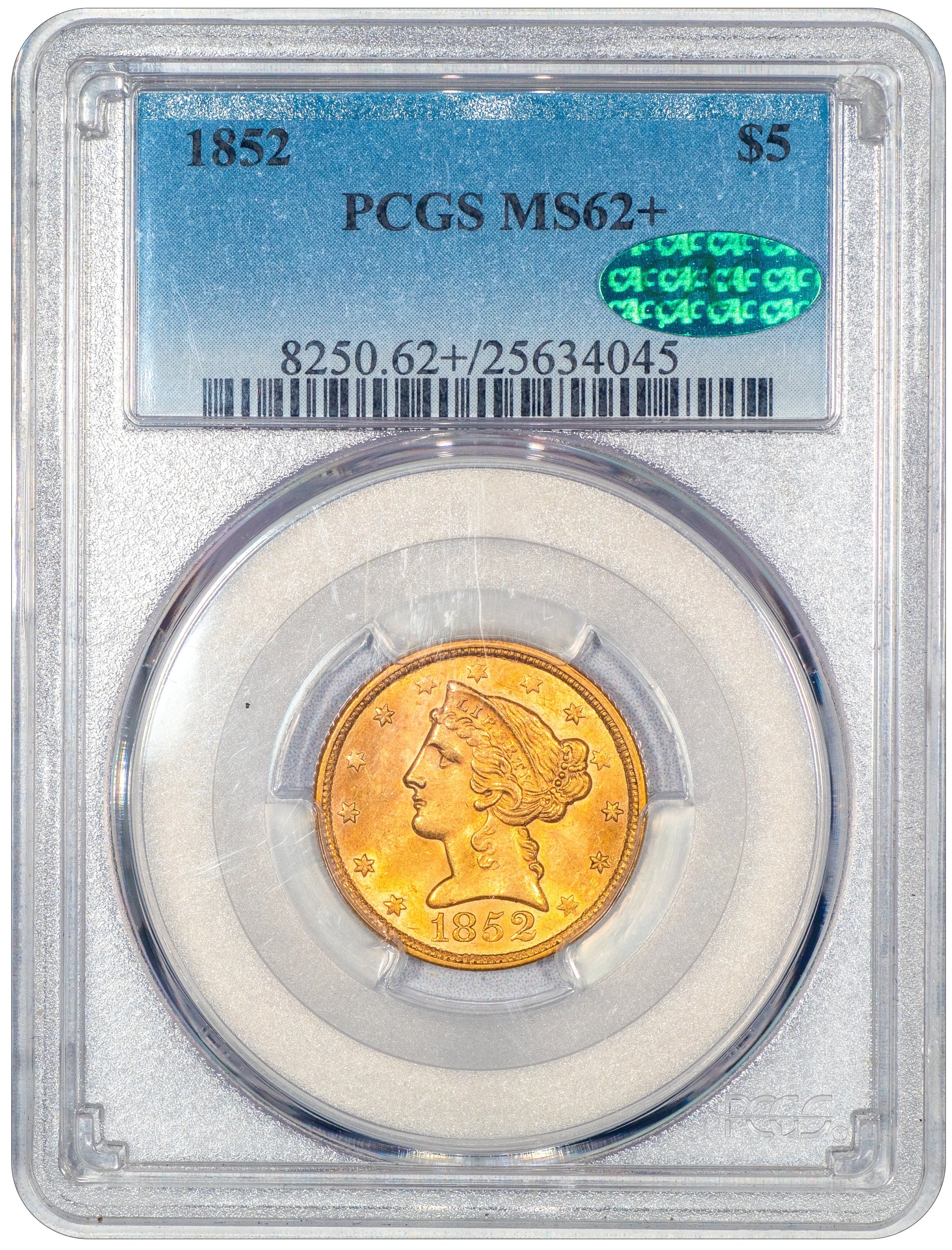 1852 $5 Liberty Head Half Eagle No Motto MS62+ PCGS CAC WITH GREEN CAC STICKER