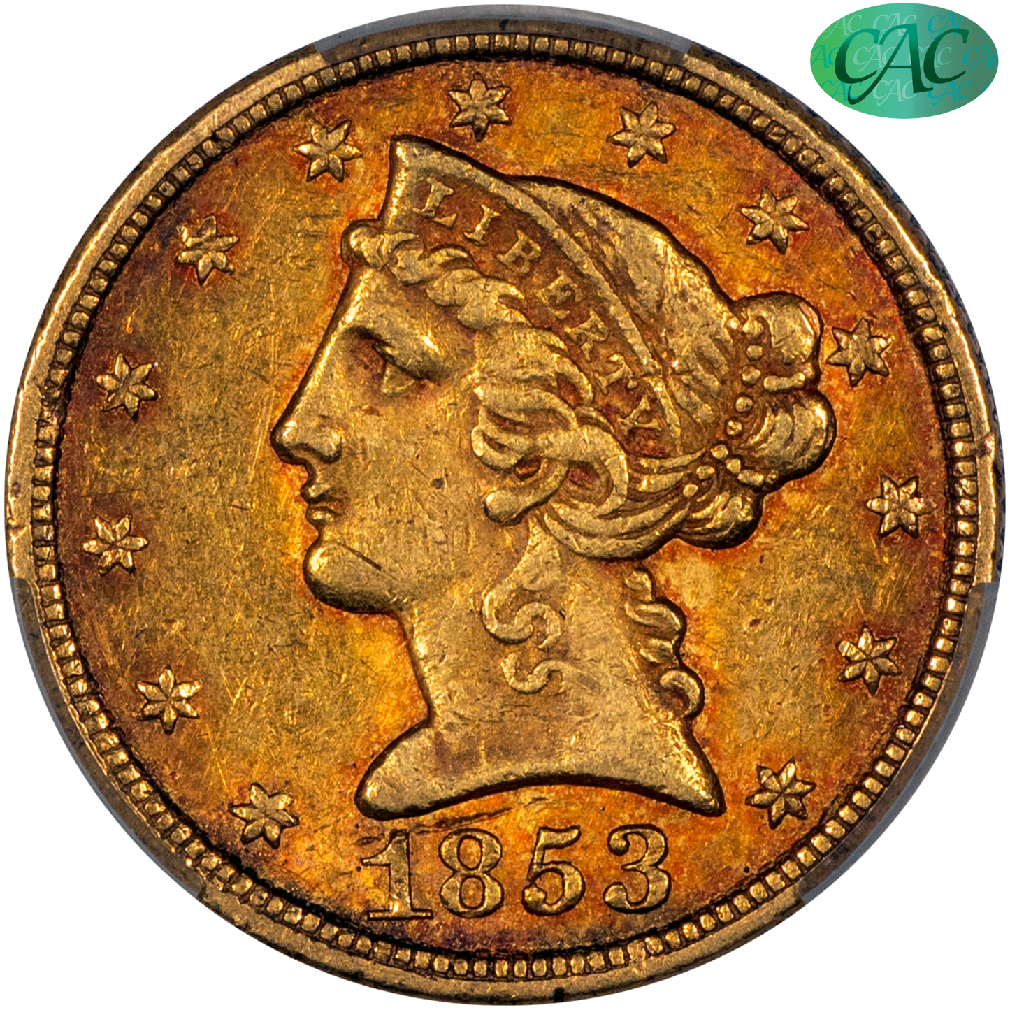 1853-C Liberty Head Half Eagle $5 AU55 CACG