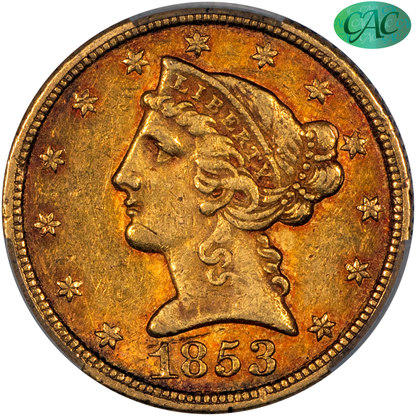 1853-C Liberty Head Half Eagle $5 AU55 CACG