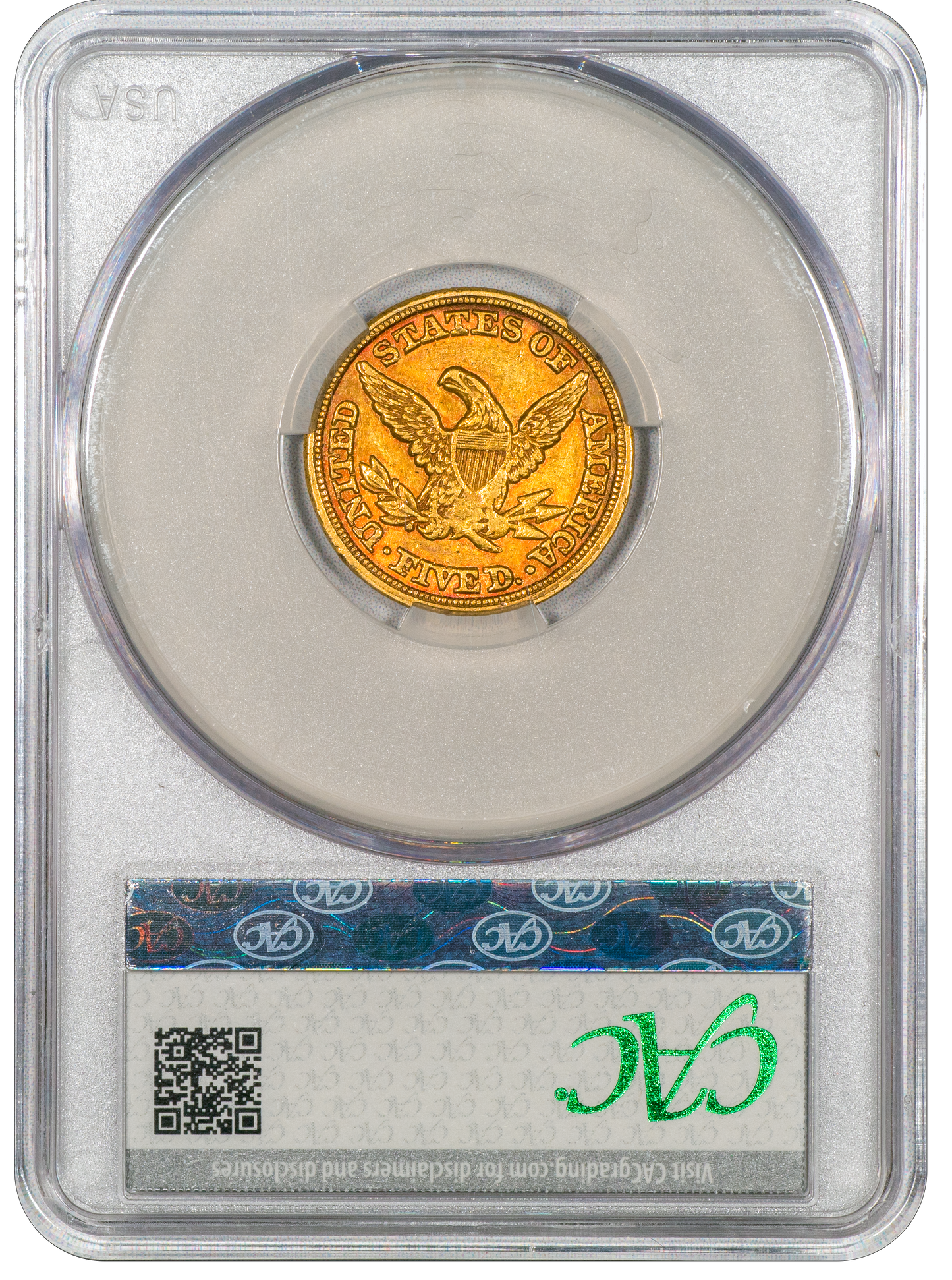 1853-C Liberty Head Half Eagle $5 AU55 CACG Reverse Holder