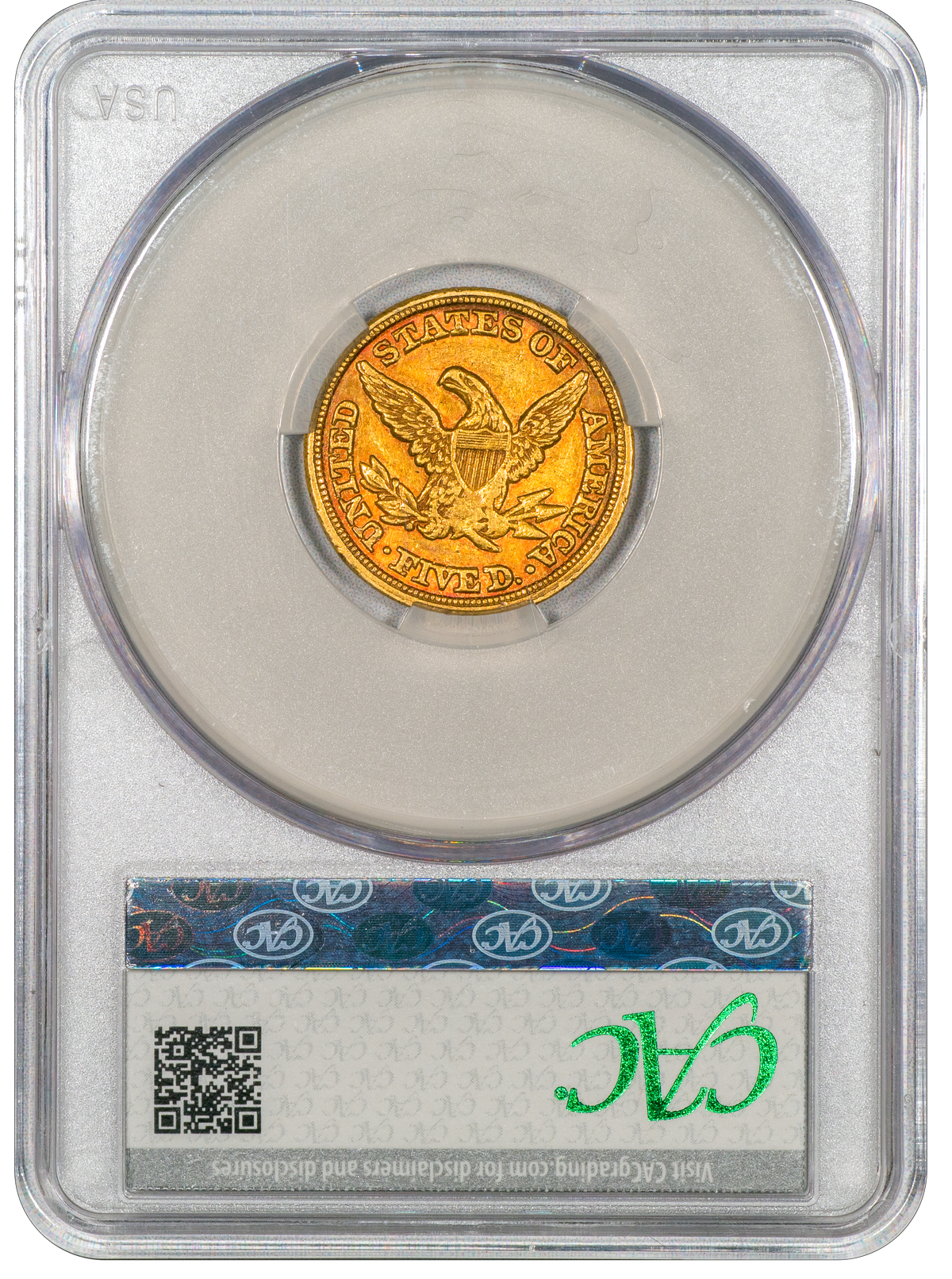 1853-C Liberty Head Half Eagle $5 AU55 CACG Reverse Holder