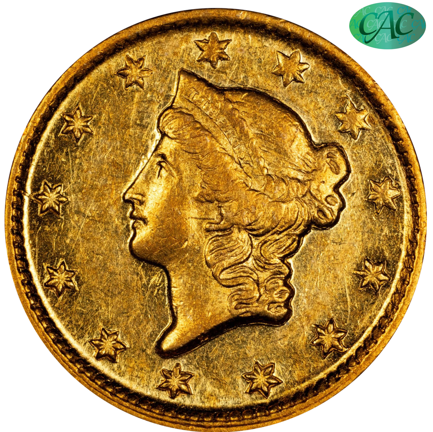 1853-D G$1 GOLD DOLLAR AU58+ CACG