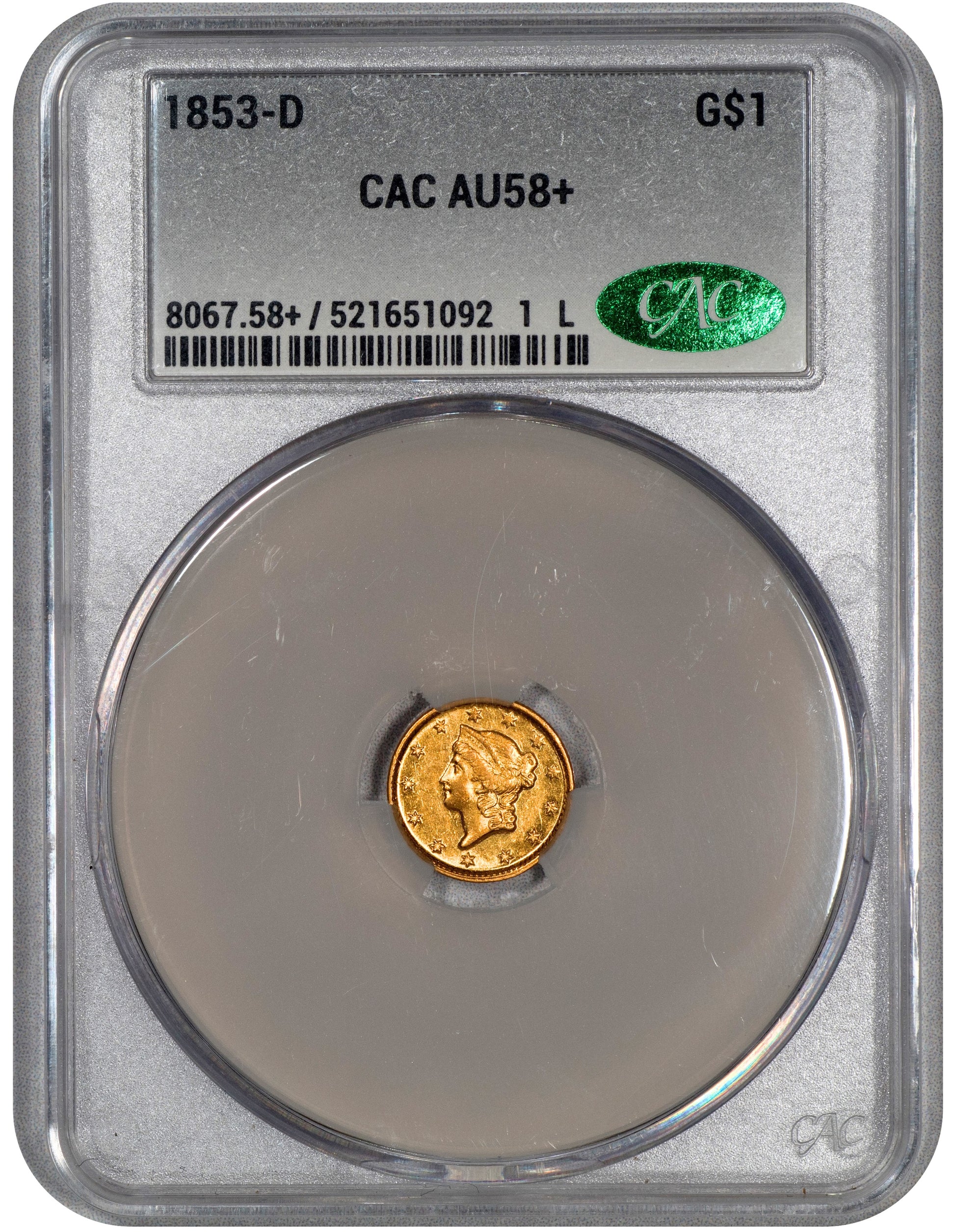 1853-D G$1 GOLD DOLLAR AU58+ CACG HOLDER WITH GREEN CAC