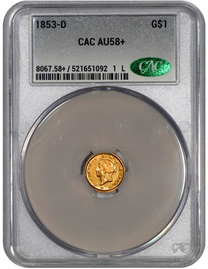 1853-D G$1 GOLD DOLLAR AU58+ CACG HOLDER WITH GREEN CAC