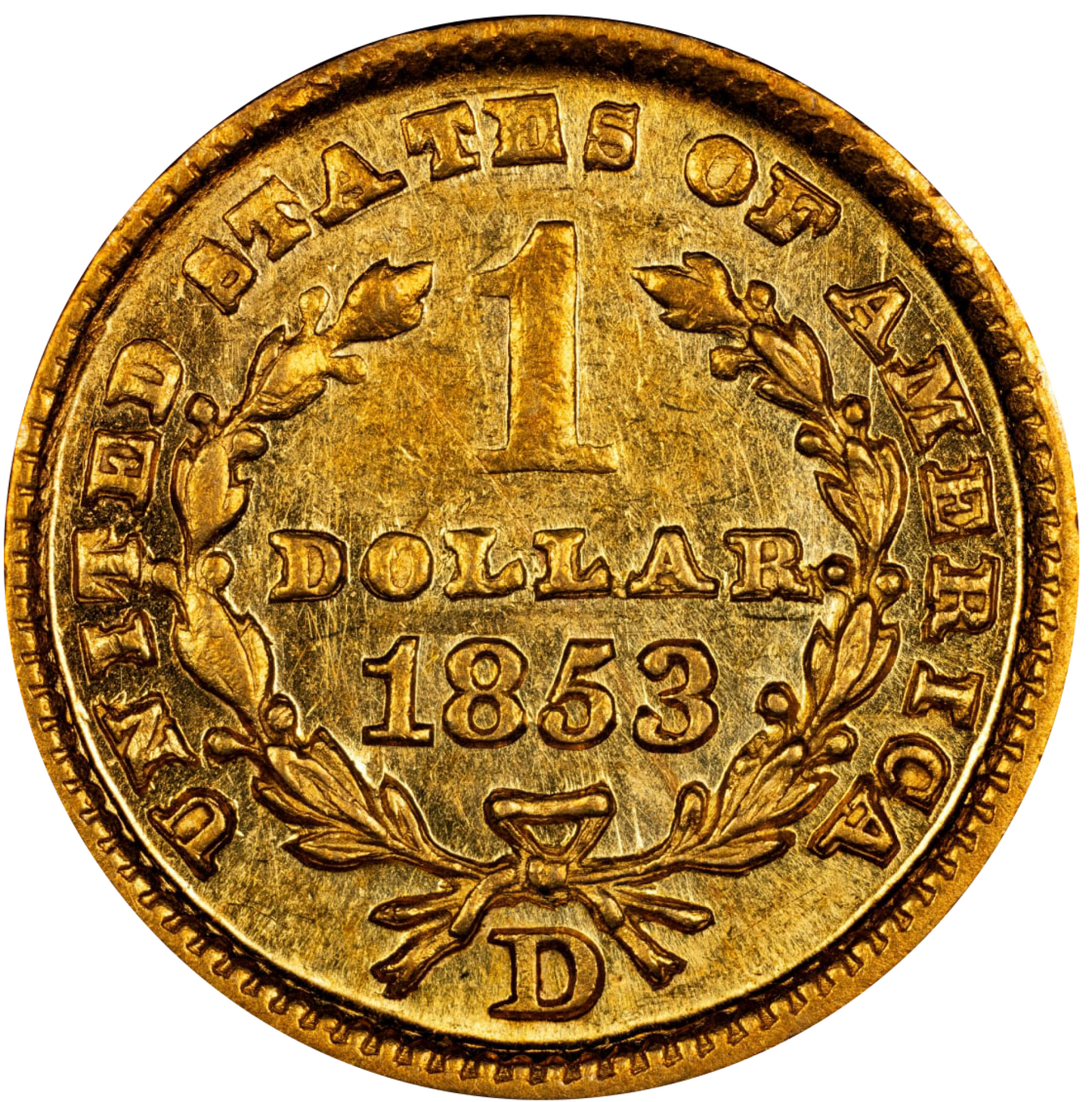 1853-D G$1 GOLD DOLLAR AU58+ CACG REVERSE
