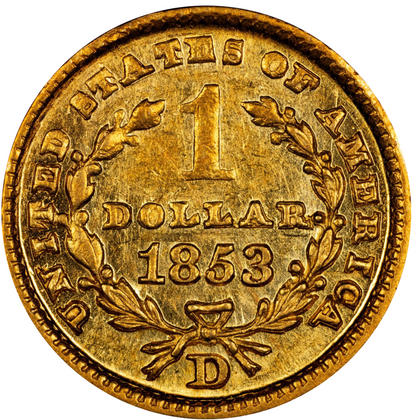 1853-D G$1 GOLD DOLLAR AU58+ CACG REVERSE