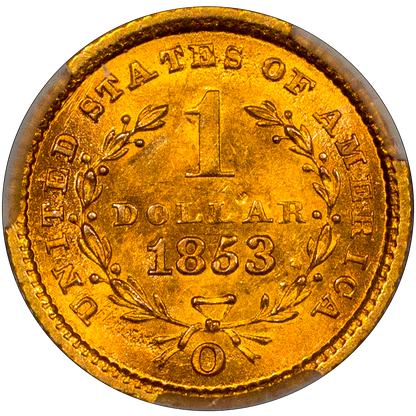 1853-O Gold Dollar G$1 MS64 CACG Reverse