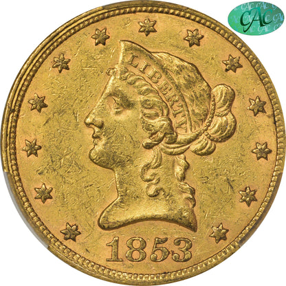 1853 $10 Au58 Cacg