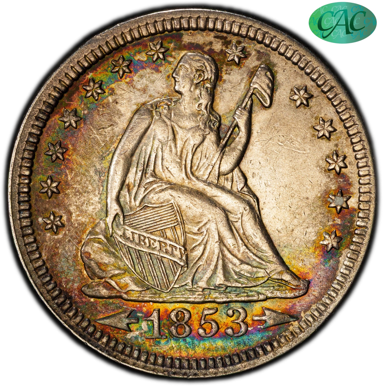 1853 25C ARROWS & RAYS MS61 PCGS CAC 25C
