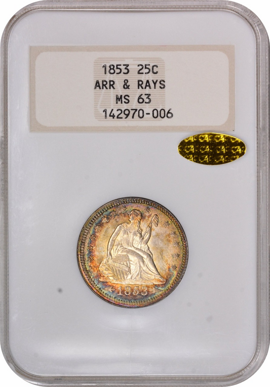 1853 25C ARROWS & RAYS MS63 OH NGC GOLD CAC