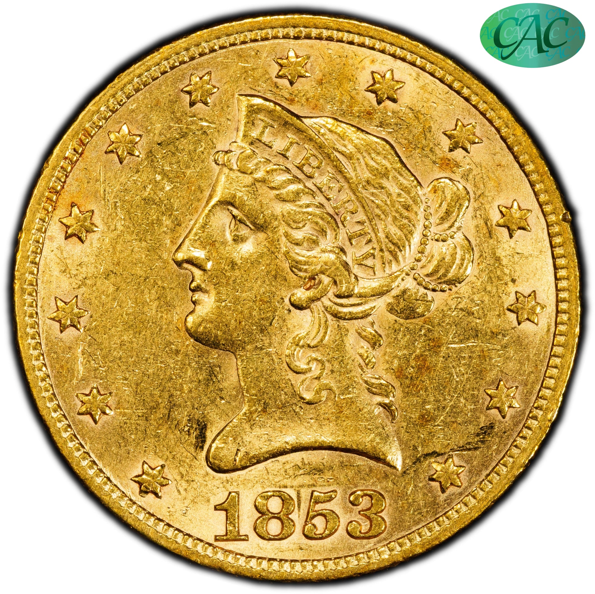 1853/‘2’ $10 AU58 PCGS CAC $10