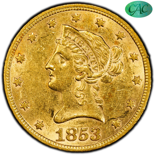 1853/‘2’ $10 AU58 PCGS CAC $10