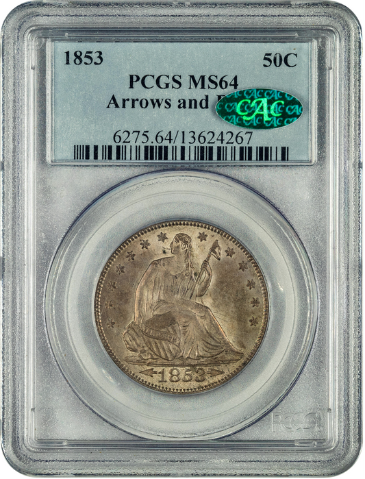 1853 50C ARROWS & RAYS MS64 PCGS CAC HOLDER WITH GREEN CAC STICKER