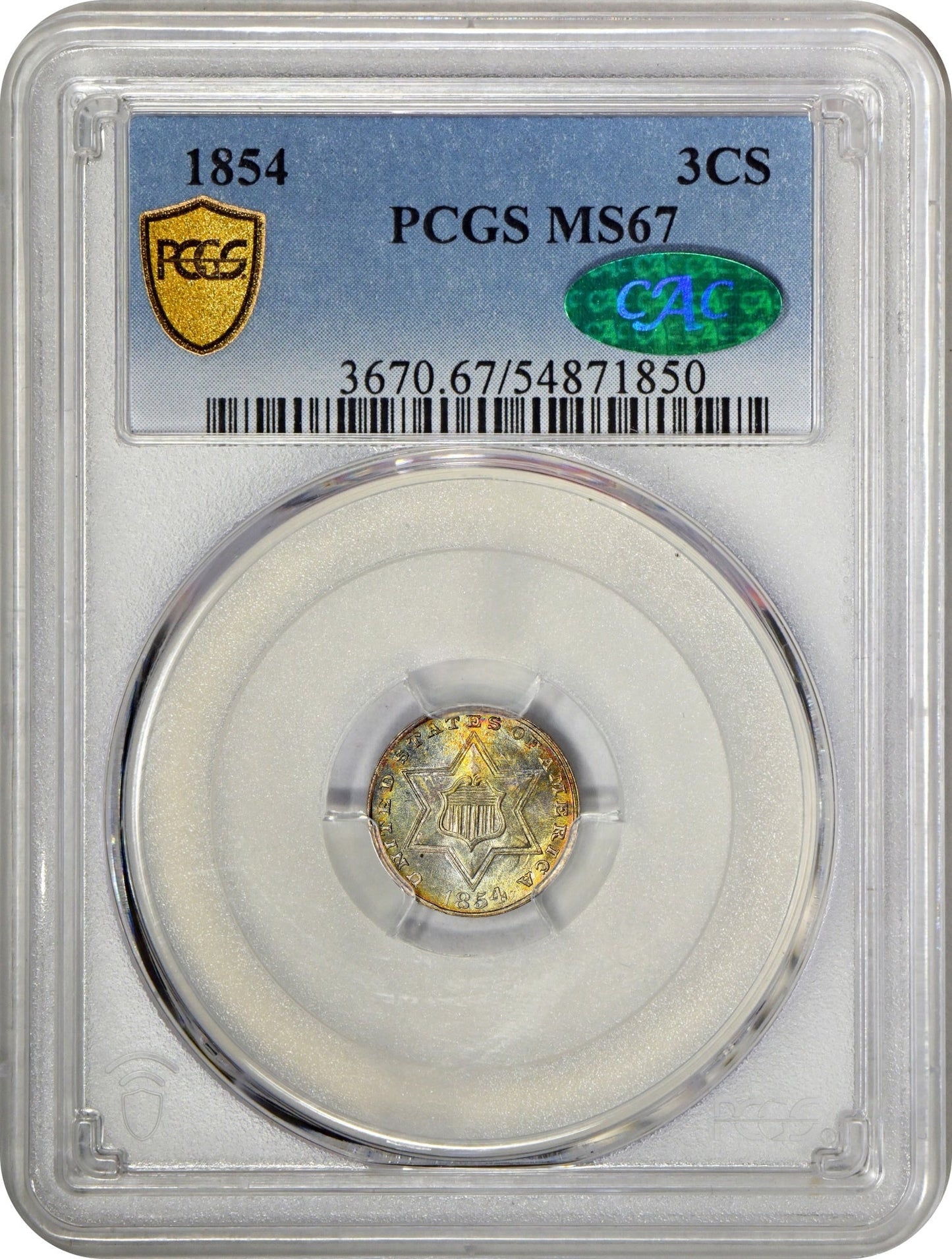 1854 3CS MS67 PCGS CAC 3CS