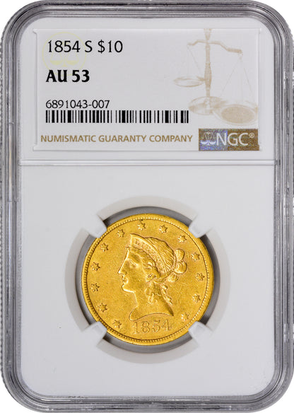 1854-S $10 AU53 NGC HOLDER
