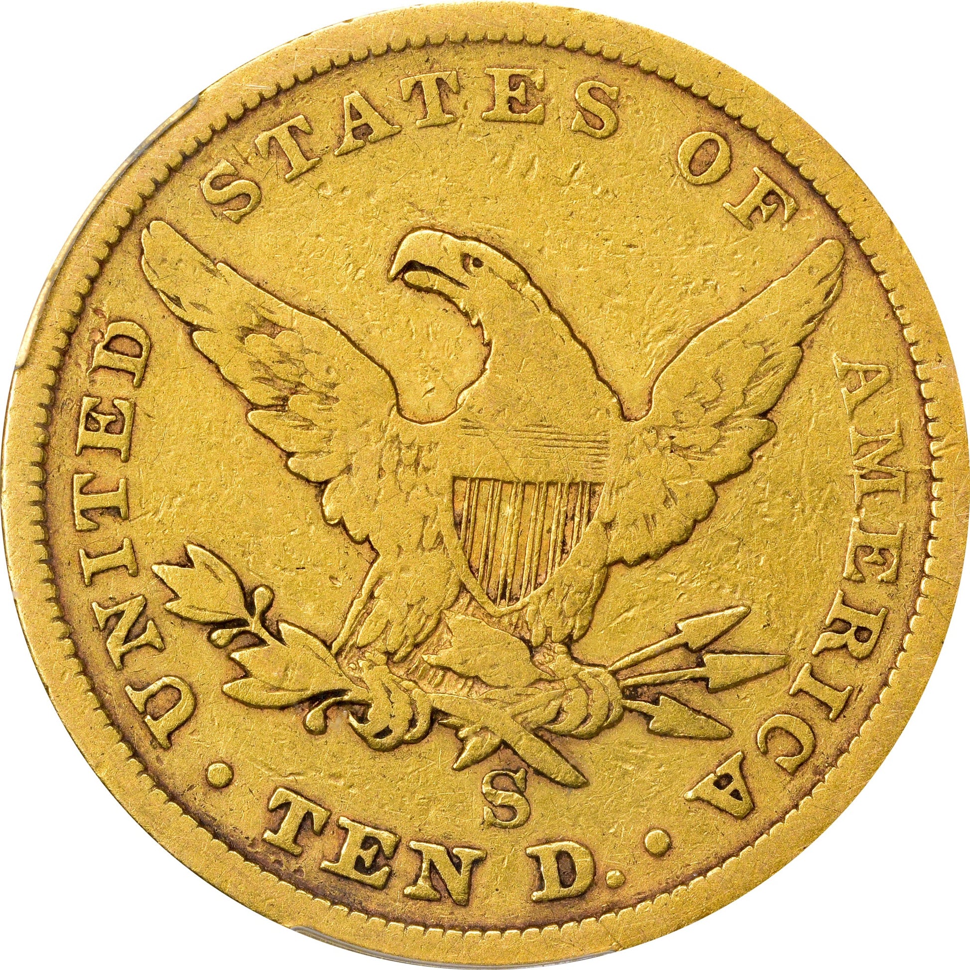 1854-S $10 F12 PCGS coin with the denomination and '1854' inscribed, featuring a portrait of an eagle and stars on the obverse.
