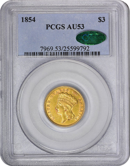 1854 $3 AU53 PCGS CAC HOLDER WITH CAC STICKER