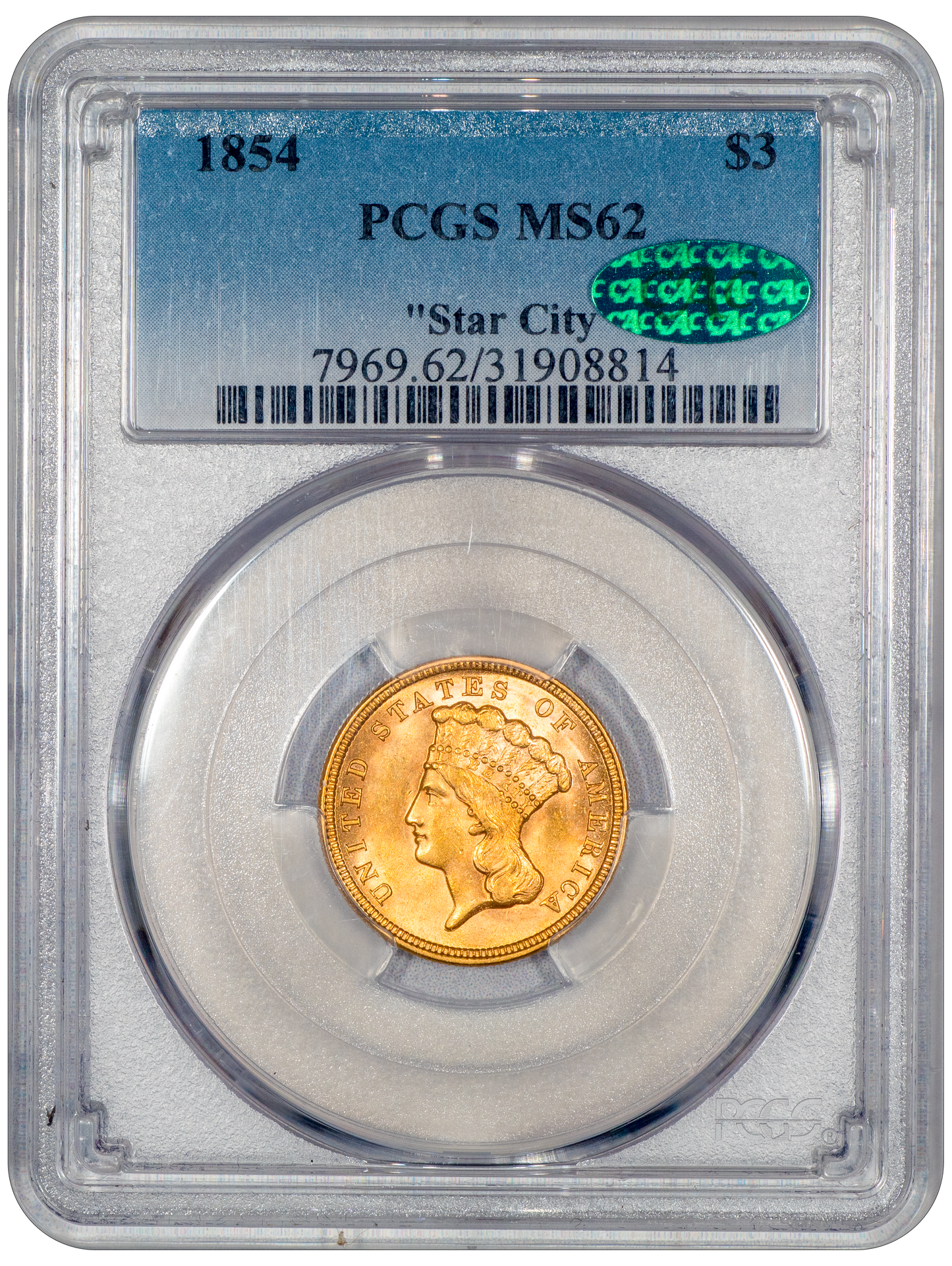 1854 $3 Indian Princess MS62 PCGS CAC EX STAR CITY HOLDER WITH GREEN CAC STICKER 