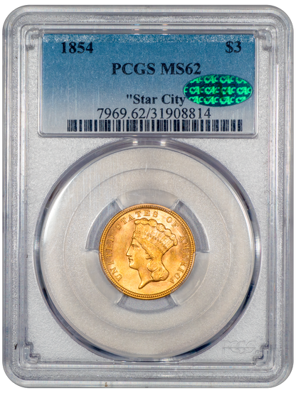 1854 $3 Indian Princess MS62 PCGS CAC EX STAR CITY HOLDER WITH GREEN CAC STICKER 
