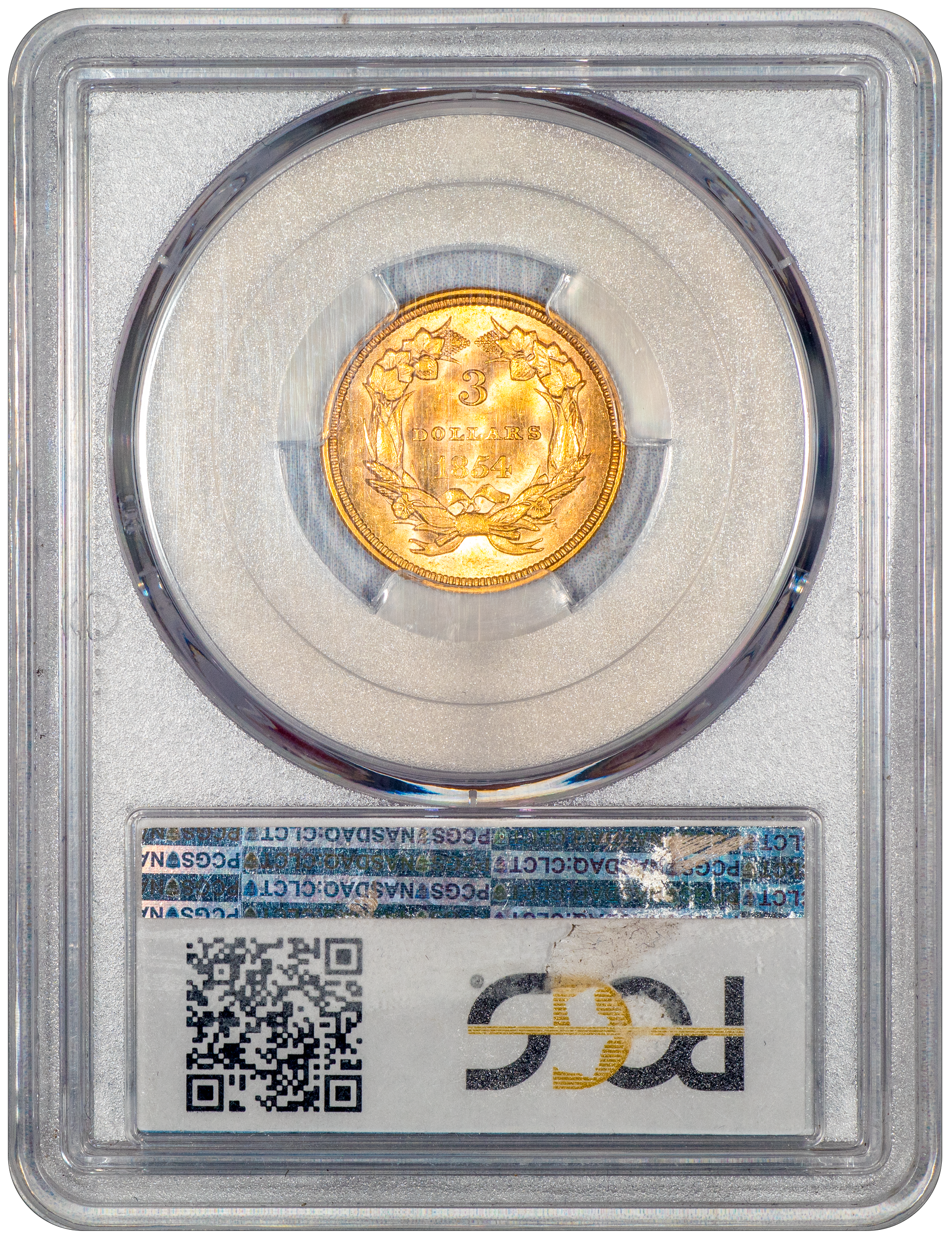 1854 $3 Indian Princess MS62 PCGS CAC EX STAR CITY REVERSE HOLDER

