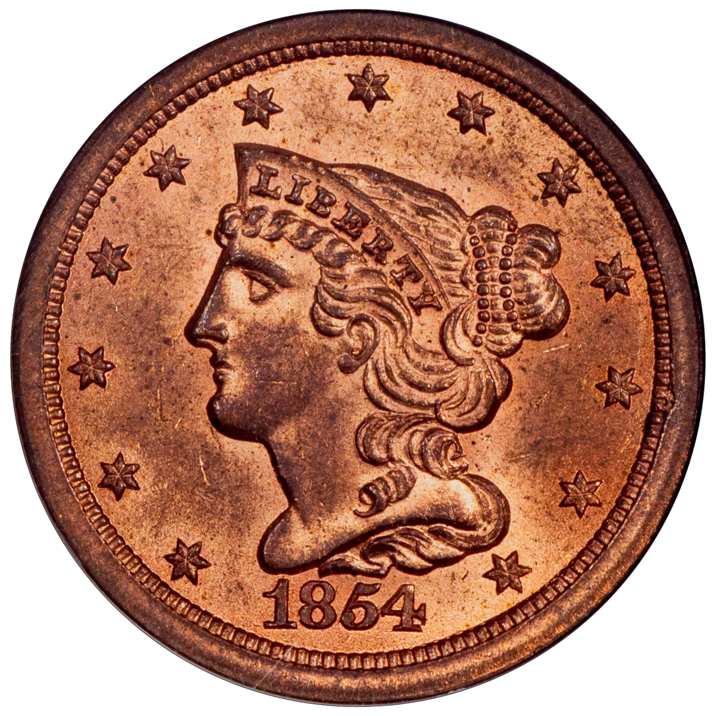 1854 Braided Hair Half Cent 1/2C MS64 RD OH NGC CAC