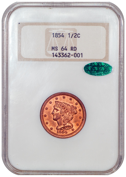 1854 Braided Hair Half Cent 1/2C MS64 RD OH NGC CAC Holder With CAC Sticker