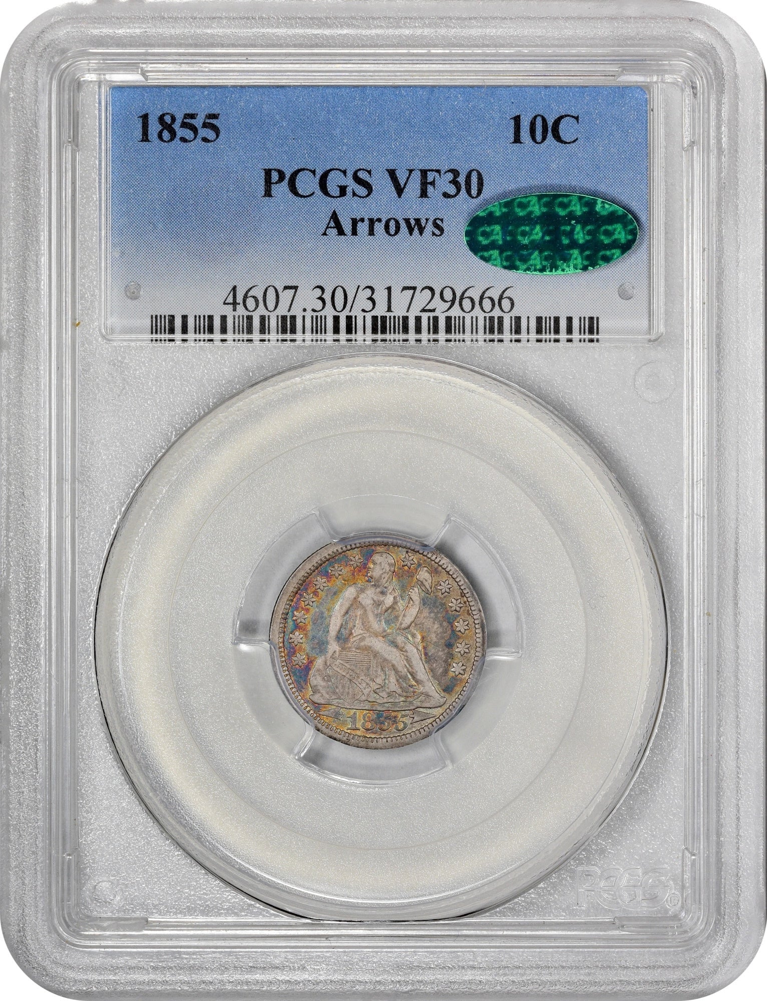 1855 10C Arrows Vf30 Pcgs Cac