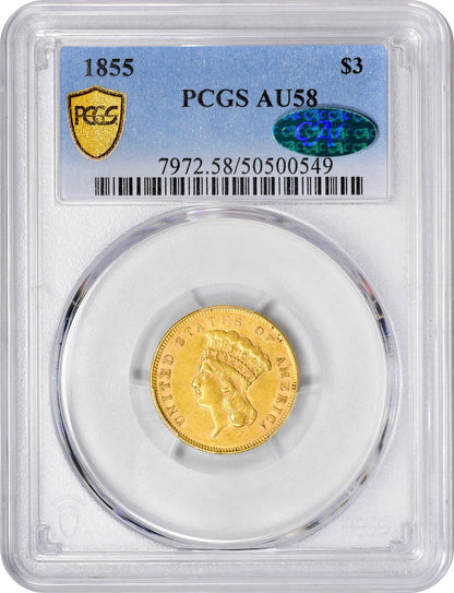 1855 $3 Au58 Pcgs Cac