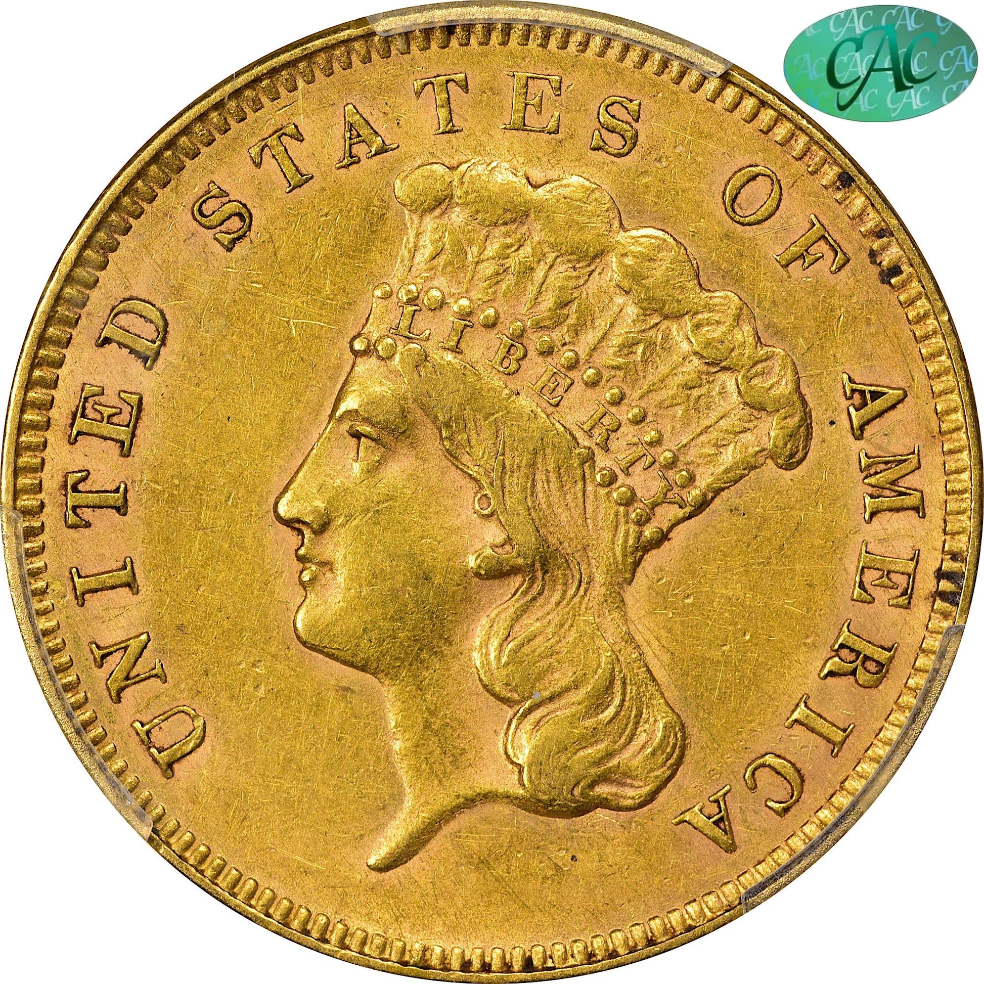 1855 $3 Au58 Pcgs Cac