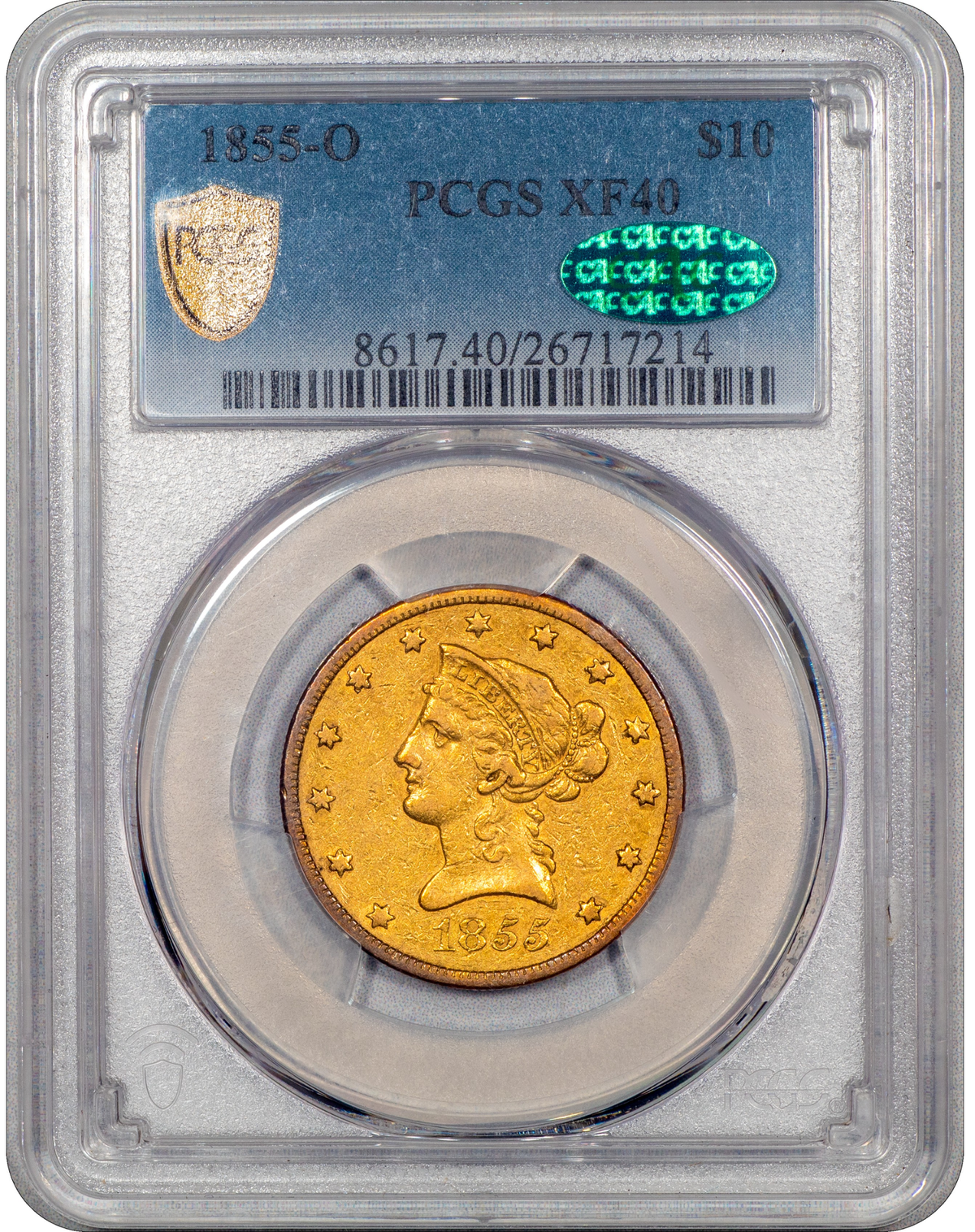 1855-O Liberty Head Eagle $10 XF40 PCGS CAC Holder With Green CAC Sticker