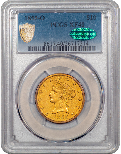 1855-O Liberty Head Eagle $10 XF40 PCGS CAC Holder With Green CAC Sticker