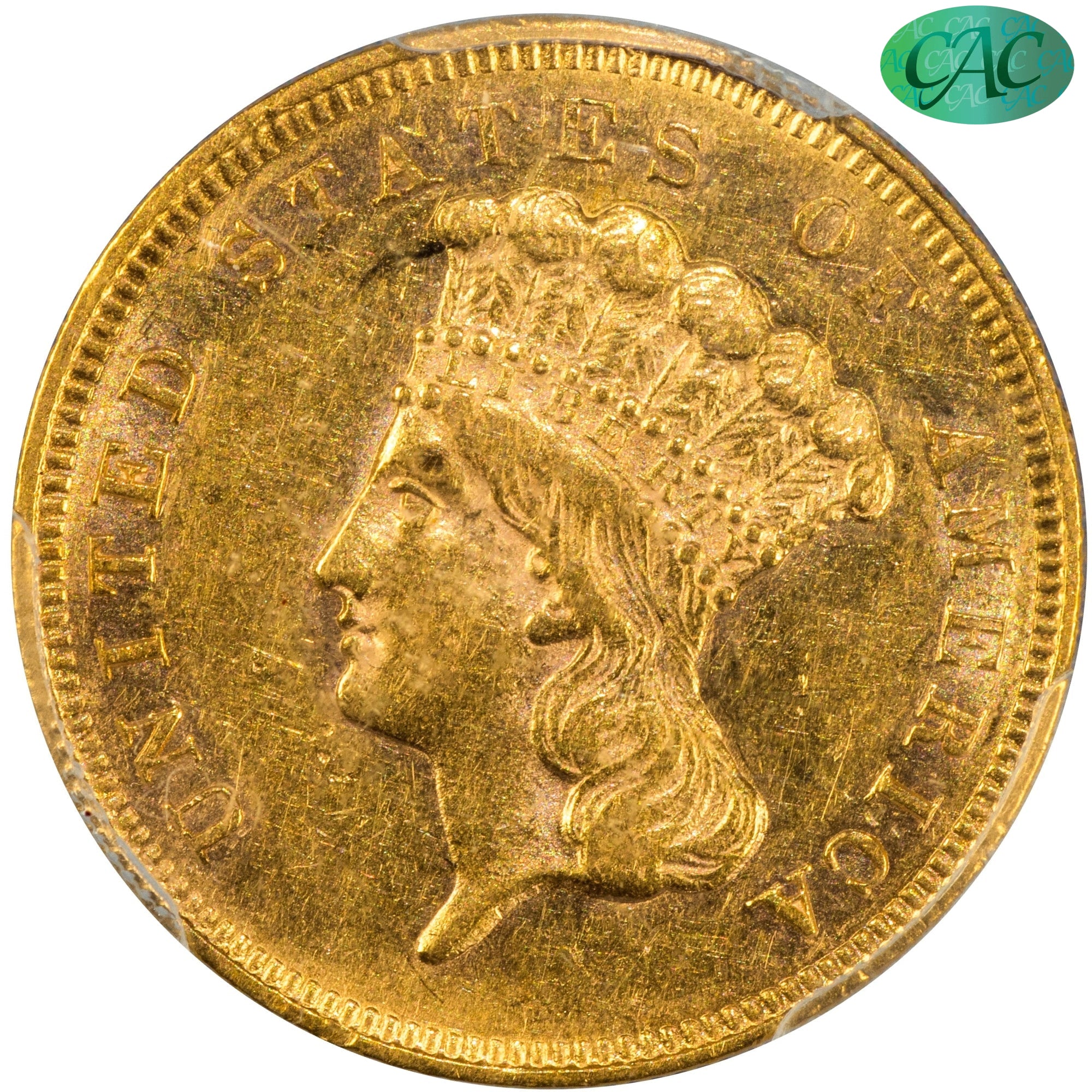 1855-S $3 AU58 PCGS CAC