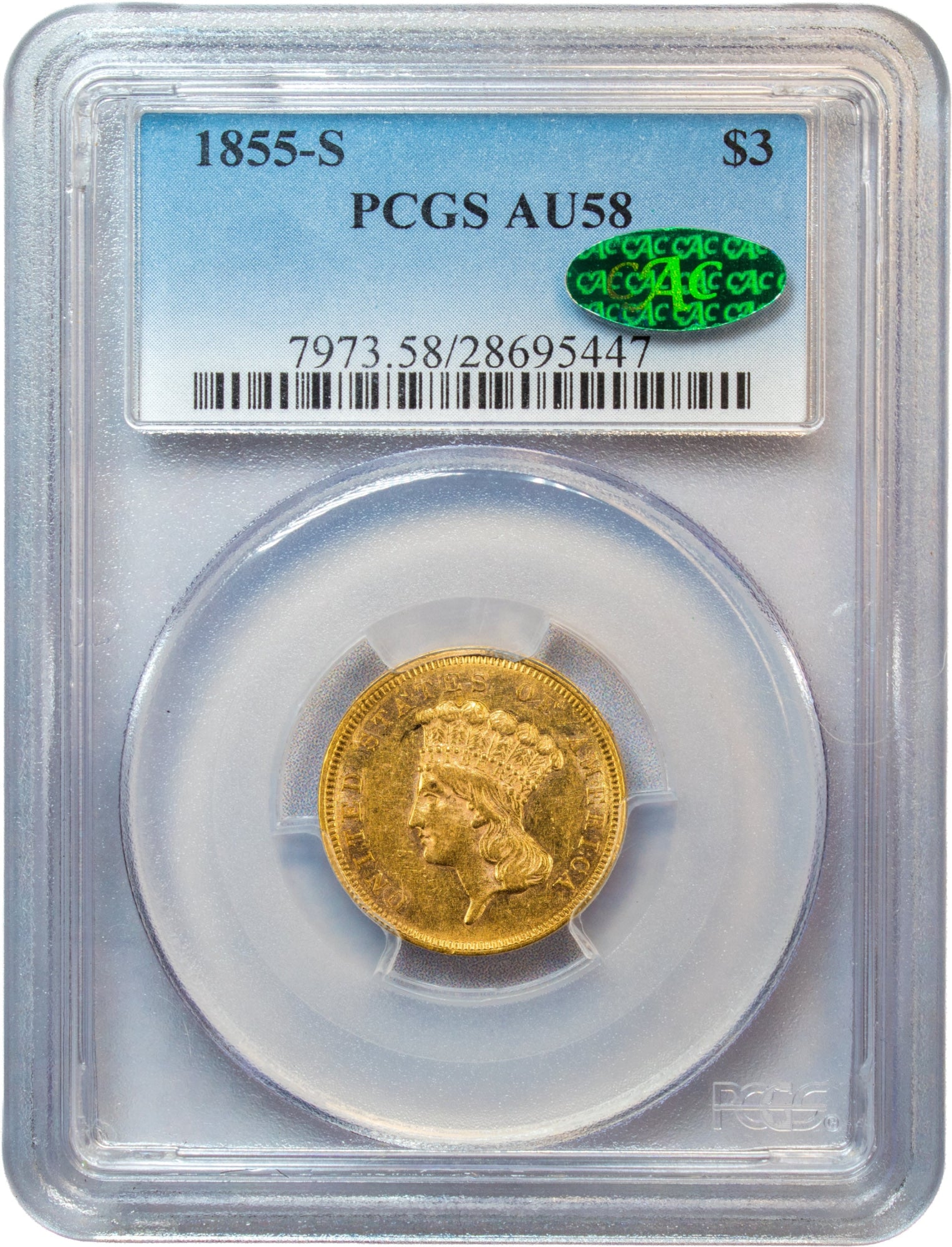 1855-S $3 AU58 PCGS CAC HOLDER WITH GREEN CAC STICKER