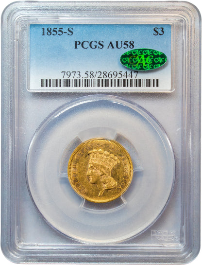 1855-S $3 AU58 PCGS CAC HOLDER WITH GREEN CAC STICKER