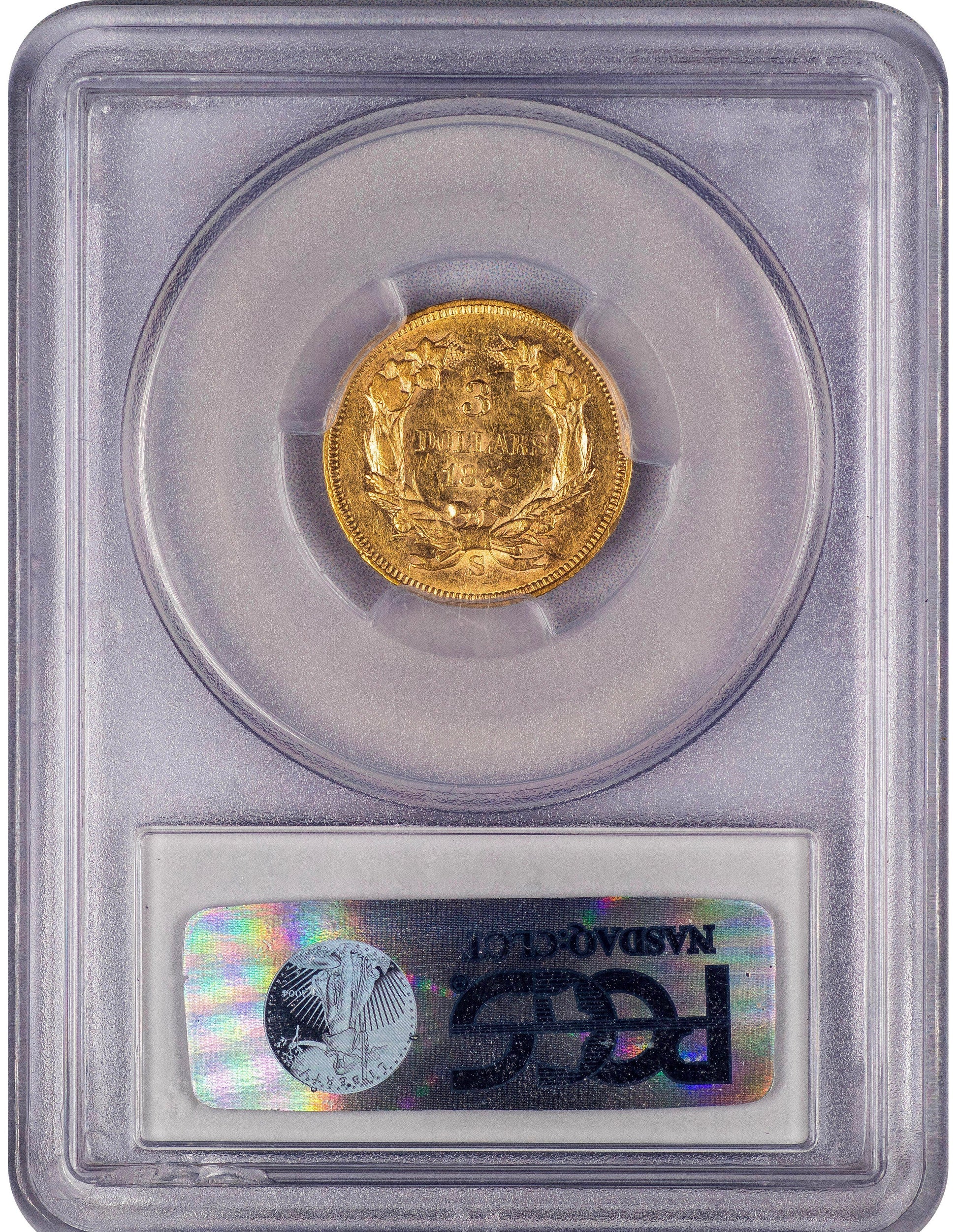 1855-S $3 AU58 PCGS CAC REVERSE HOLDER