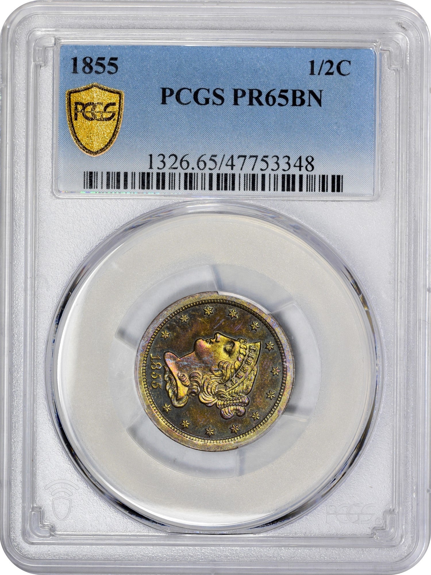 1855 1/2C PR65 BN PCGS HOLDER