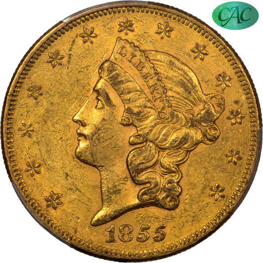 1855 $20 AU58+ PCGS CAC
