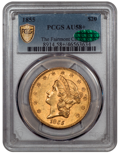 1855 $20 Liberty Head Double Eagle AU58+ PCGS CAC HOLDER WITH GREEN CAC STICKER